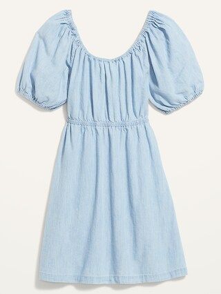 Puff-Sleeve Tie-Back Chambray Swing Dress for Women | Old Navy (CA)