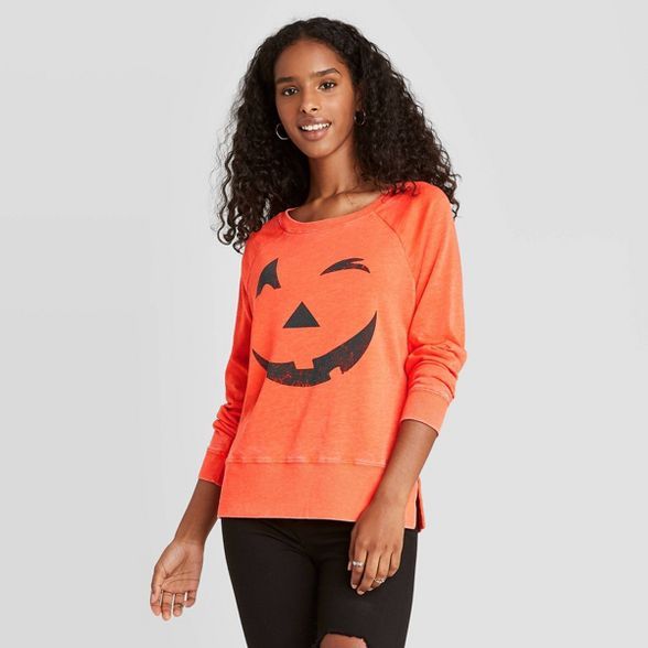 Women's Halloween Jack O'Lantern Graphic Pullover Sweatshirt - Orange | Target