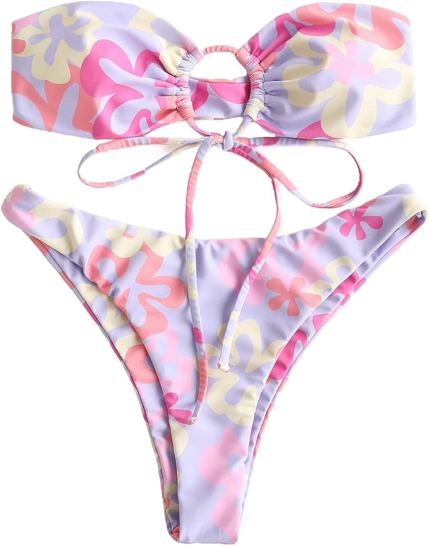 MakeMeChic Women's 2 Pieces Bandeau Swimsuits Tie Front High Cut Bikini Bathing Suit | Amazon (US)