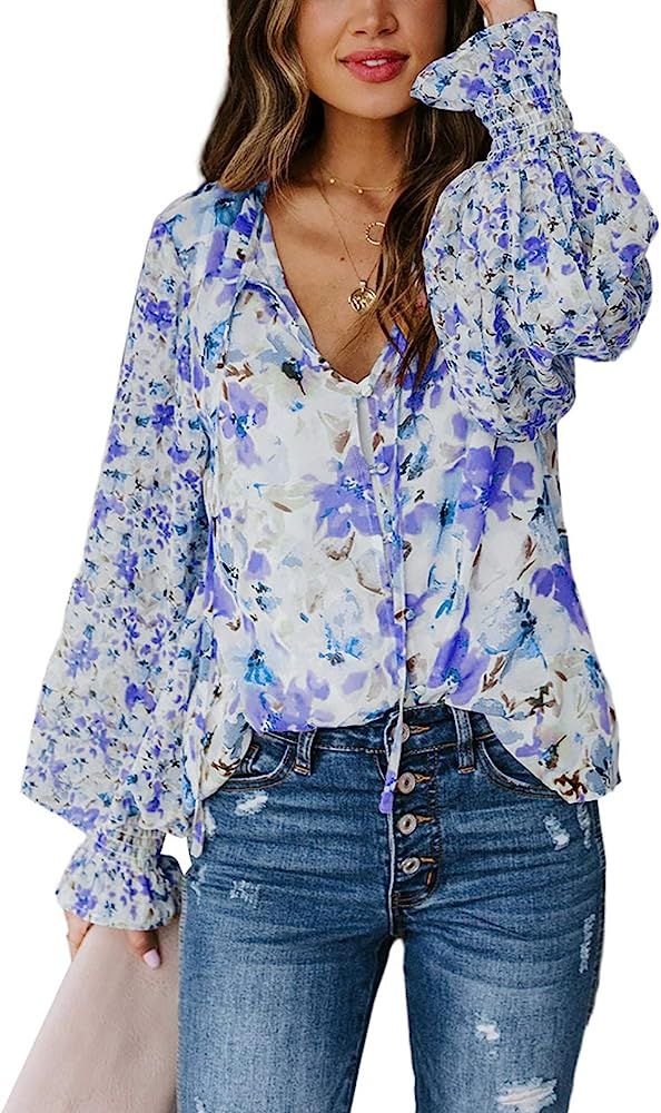 Biucly Women's Casual Boho Floral Print V Neck Long Sleeve Stylish Drawstring Tops Loose Blouses Shi | Amazon (US)