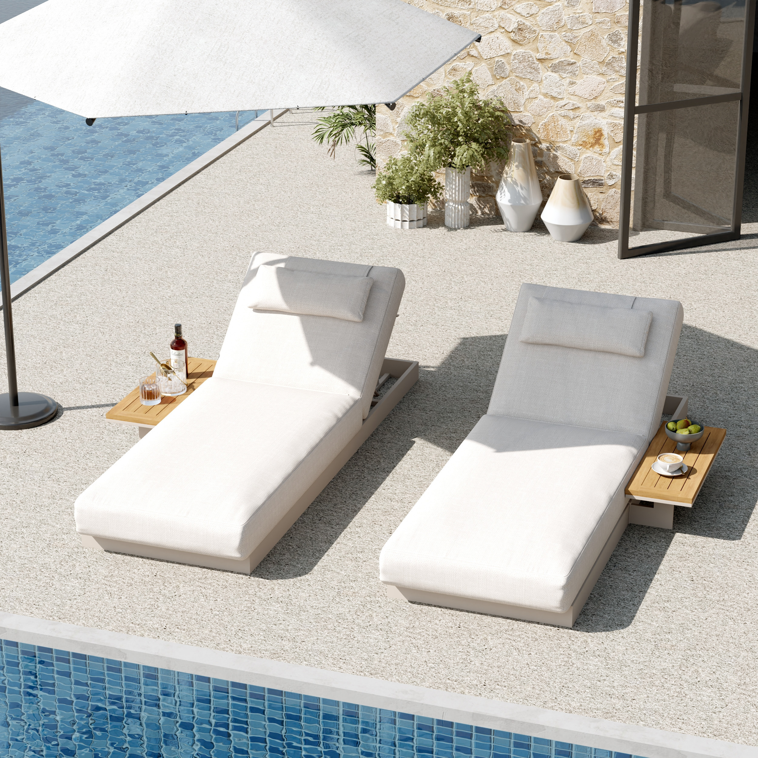 Wood & Aluminum Outdoor Lounger Daybed Modern Yard & Patio Furniture in Warm White Cushion & Pillow Included (78.7"") Set of 2 | Homary