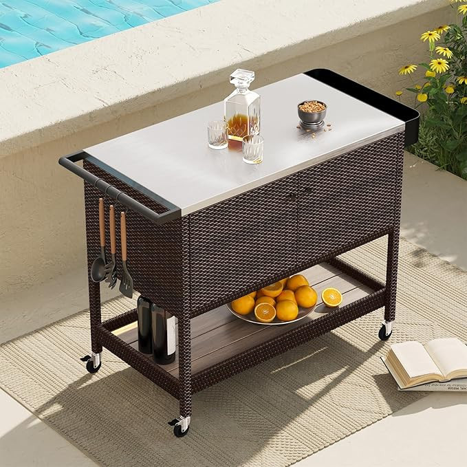 Grand patio Outdoor Bar Cart, Rolling Wicker Bar Cart w/Storage Cabinet, Outdoor Bar Table w/Whee... | Amazon (US)