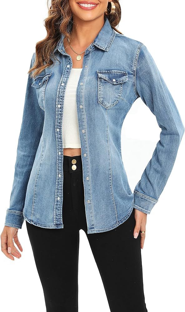 Jean Jacket For Women Long Sleeve Cotton Lightweight Fashion Denim Jacket For Women-2 Pockets | Amazon (US)