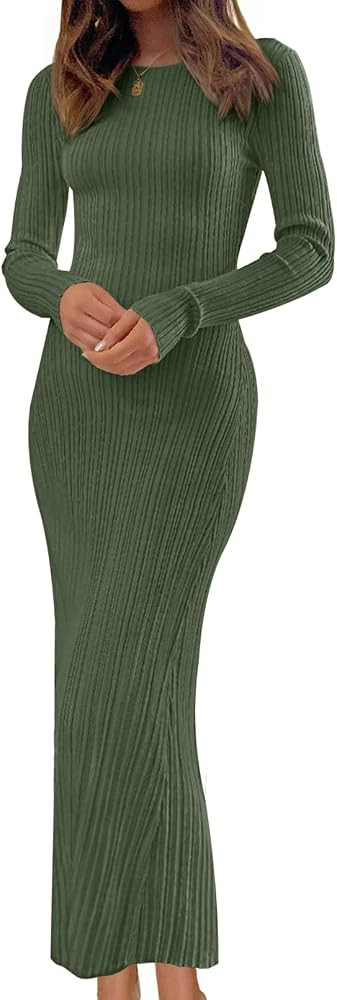 MEROKEETY Women's 2026 Long Sleeve Bodycon Sweater Dress Fall Winter Crew Neck Ribbed Knit Maxi D... | Amazon (US)