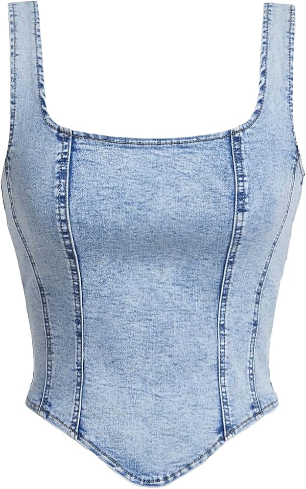 Verdusa Women's Zip Up Back Asymmetrical Scoop Neck Sleeveless Denim Crop Tank Top | Amazon (US)
