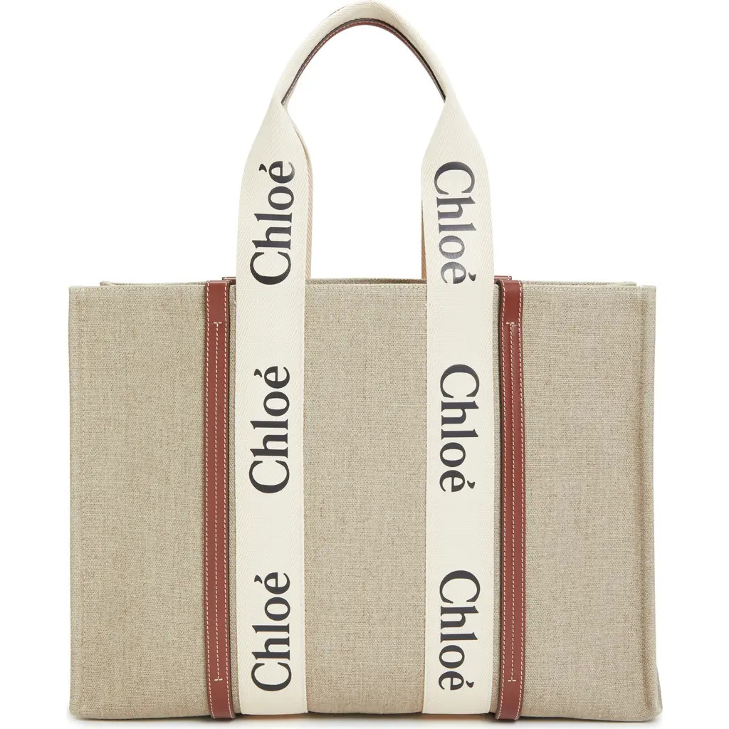 Chloé Large Woody Linen Tote in White - Brown 1 at Nordstrom | Nordstrom