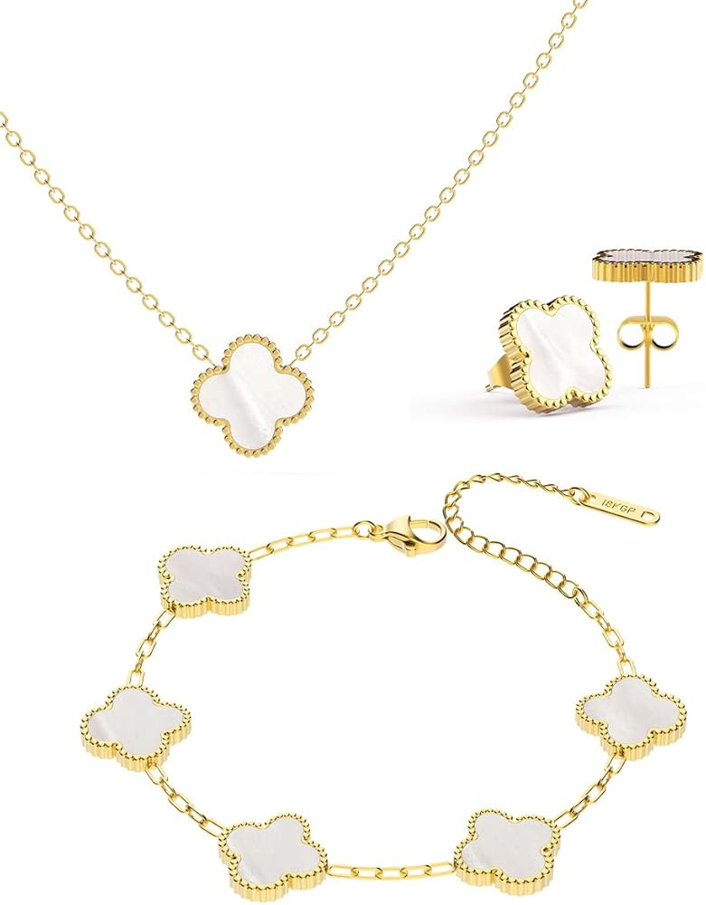 Priksia Lucky Clover Sets Necklace Pendant Earrings Bracelet for Women Girls 18K Gold-plated Stai... | Amazon (US)