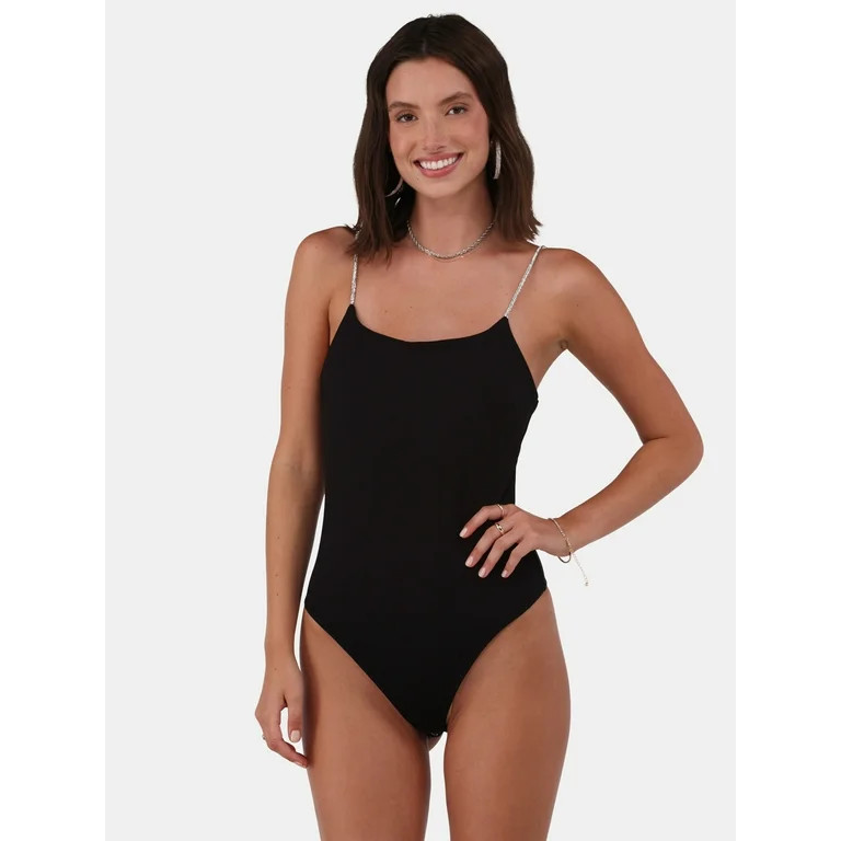 No Boundaries Rhinestone Strap Bodysuit, Women's and Women’s Plus | Walmart (US)