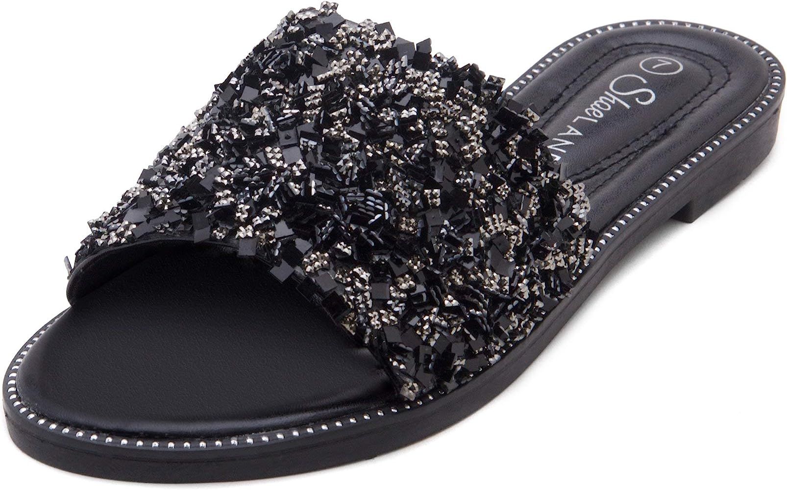 Shoe Land Joli Women's Open Toe Rhinestone Flat Sandals Glitter Slide Slip On Shoes | Amazon (US)