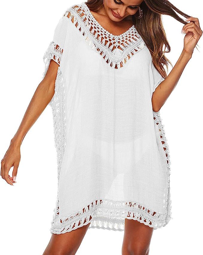 SIAEAMRG Swimsuit Cover Ups for Women, V Neck Hollow Out Swim Coverup Crochet Chiffon Summer Beac... | Amazon (US)