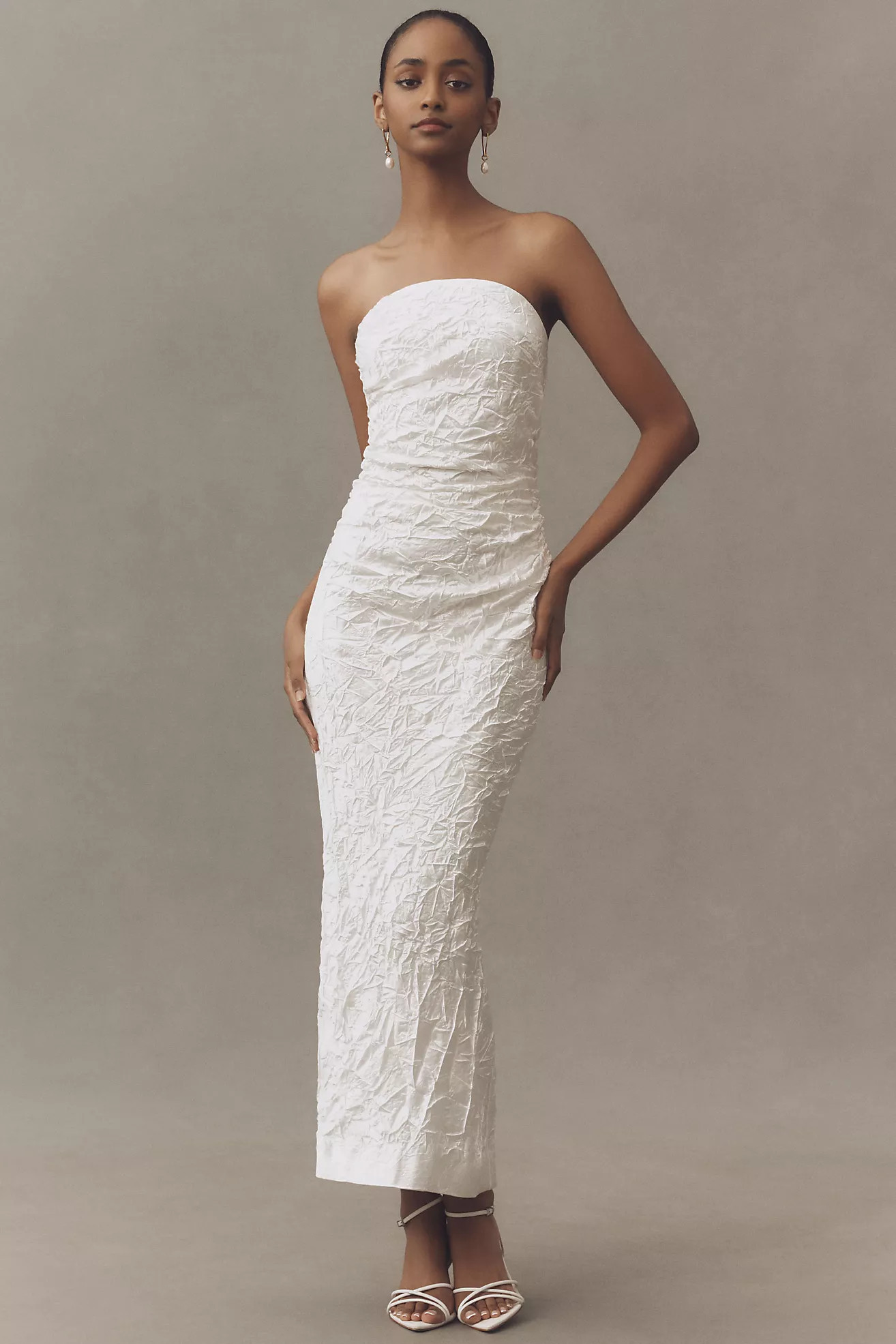 BHLDN Strapless Crinkled Satin Midi Dress | Anthropologie (US)