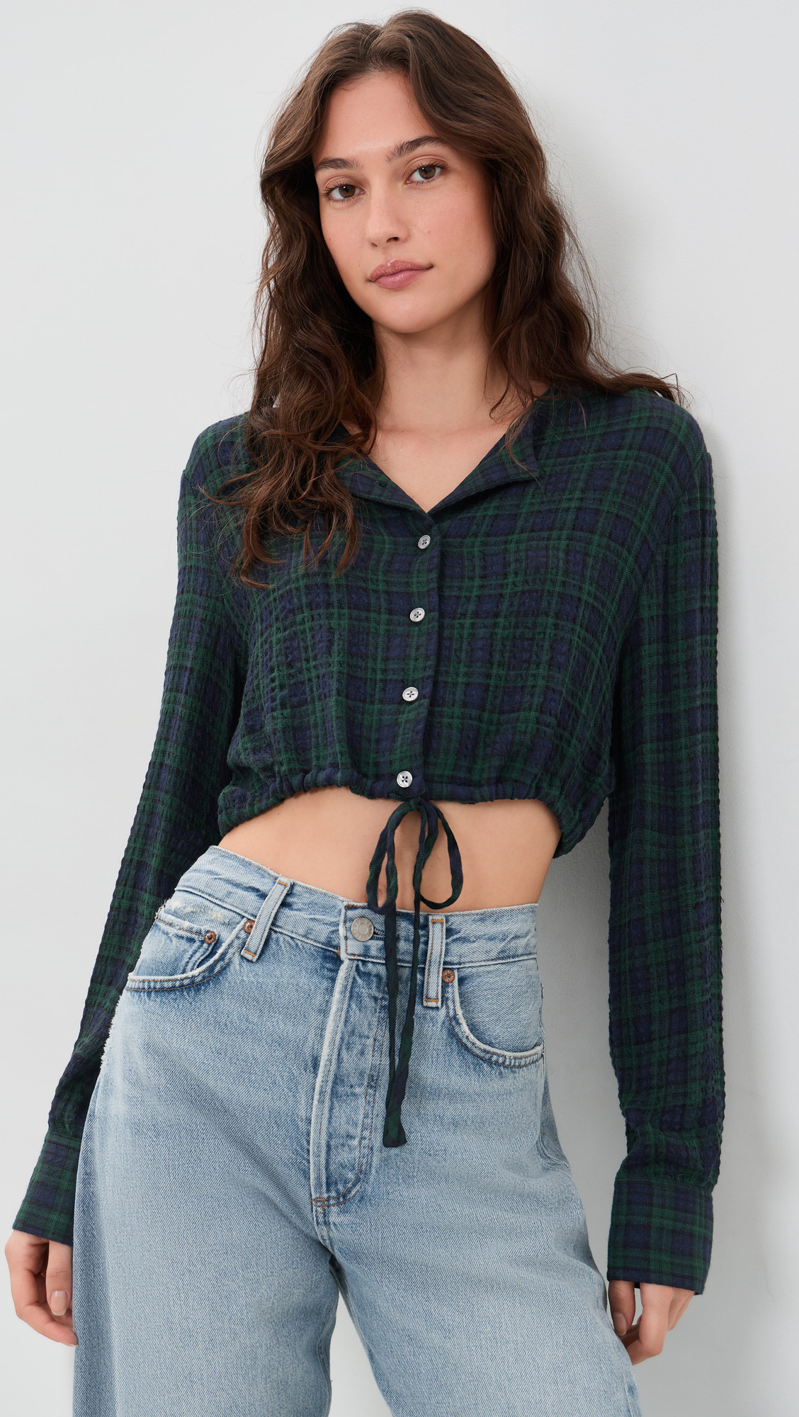 Good American The Crinkle Cinched Shirt Forest Plaid M | Shopbop