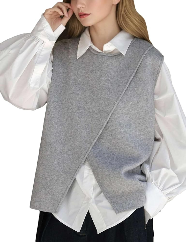 HangNiFang Women's Front Split Sweater Vest Sleeveless Knitted Pullover Tops Fall Outfits | Amazon (US)