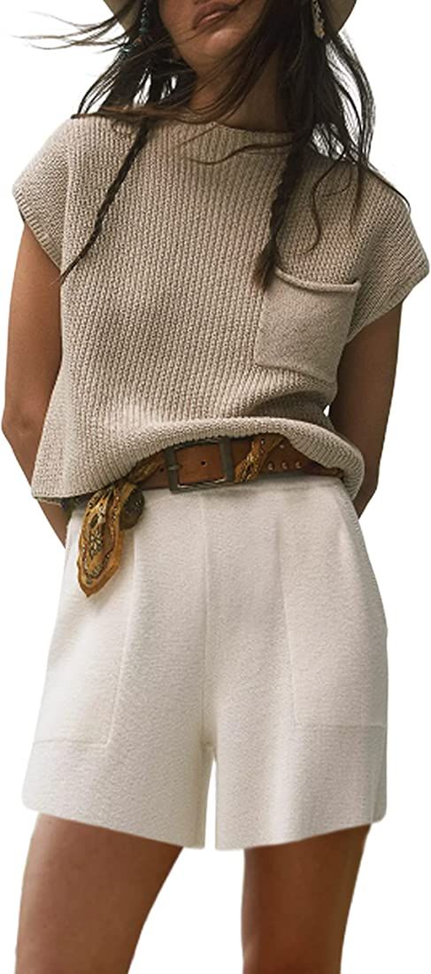 Women 2 Piece Outfits Knit Sweater Set Crochet Pullover Tops Short Pants Sweatsuits Lounge Sets | Amazon (US)