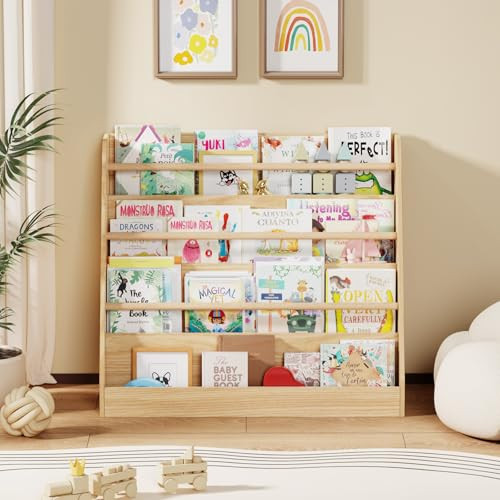 Lkeiyay Kids Bookshelf,Kids Wooden 4 Tier Book Display Shelf,Montessori Bookcase Kid Room, Toddler Bookshelf for Nursery Classroom (Natural) | Amazon (US)
