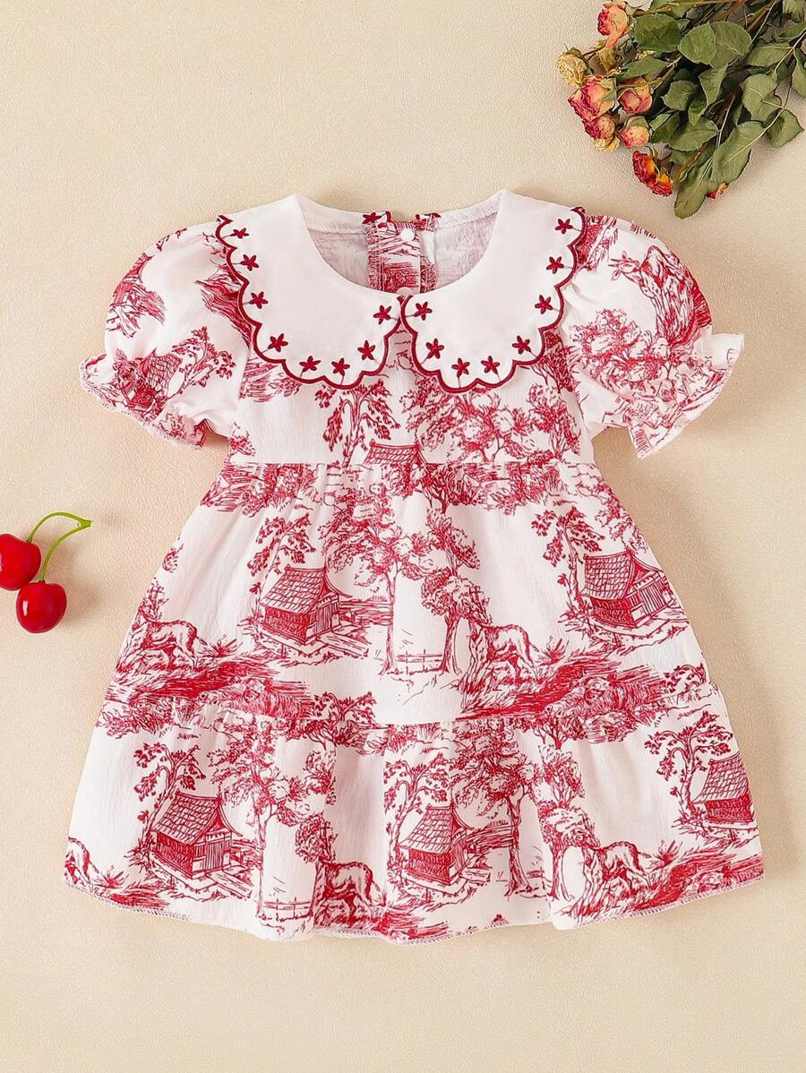 Souflis Souflis Baby Girl Chinese Style Vintage Ink Painting Angel Red Bubble Sleeve Floral Embro... | SHEIN