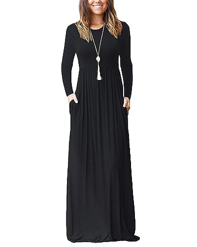 AUSELILY Plus Size Black Funeral Maxi Dress for Women Casual Long Sleeve Crewneck Empire Waist Long Dresses with Pockets 2026 Black 2XL | Amazon (US)