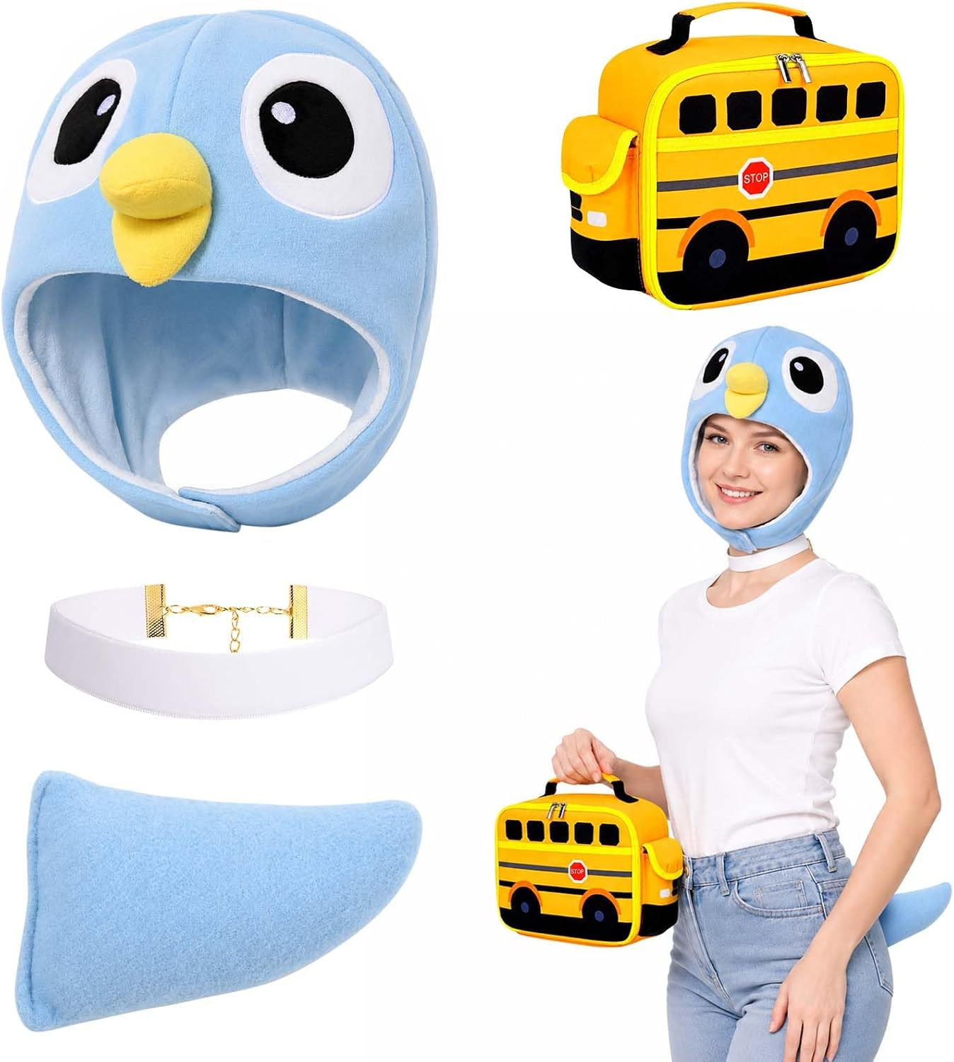 Honic 4Pcs Halloween Pigeon Costume Accessories Set, Plush Bird Headwear, Choker, Plush Tail & School Bus Bag for Adult Halloween Theme Party Dress-Up | Amazon (US)