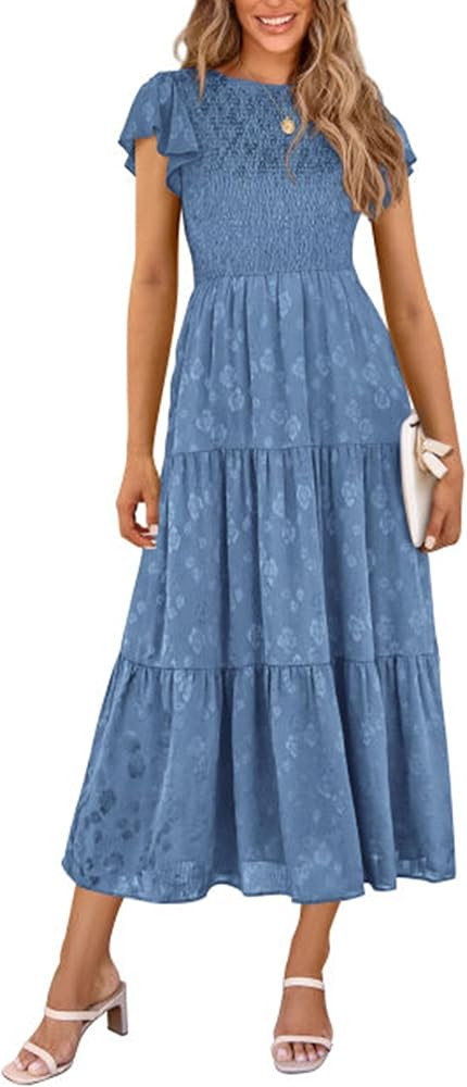 PRETTYGARDEN Women's Floral Midi Dress 2025 Summer Cap Sleeve Smocked Ruffle A Line Long Flowy We... | Amazon (US)