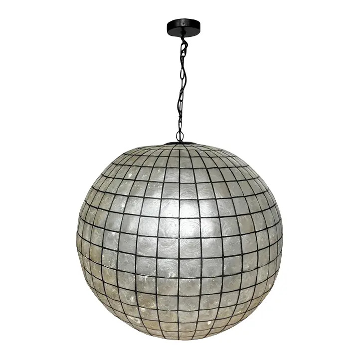 Large Vintage Capiz Shell Round Glove Ceiling Chandelier Light Fixture | Chairish
