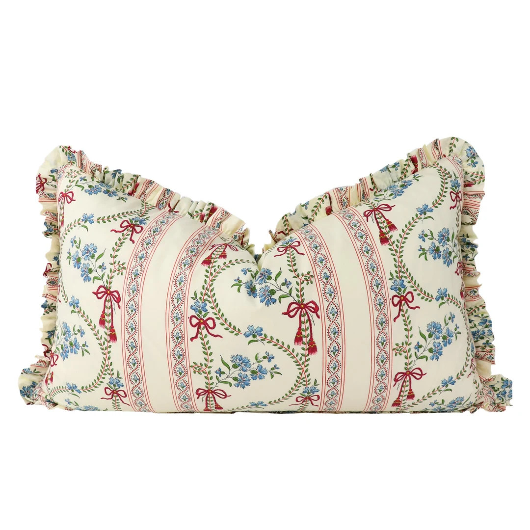 Pillow Cover With 1 Inch RUFFLES // Pierre Frey Les Bleuets Rayure 6 Chemins Creme B063C001 - on ... | Etsy (US)