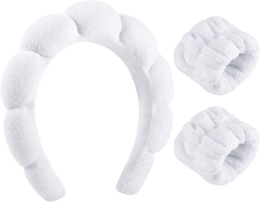 Spa Headband for Washing Face, Sponge Skincare Headband and Wrist Washband Set White Makeup Headb... | Amazon (US)