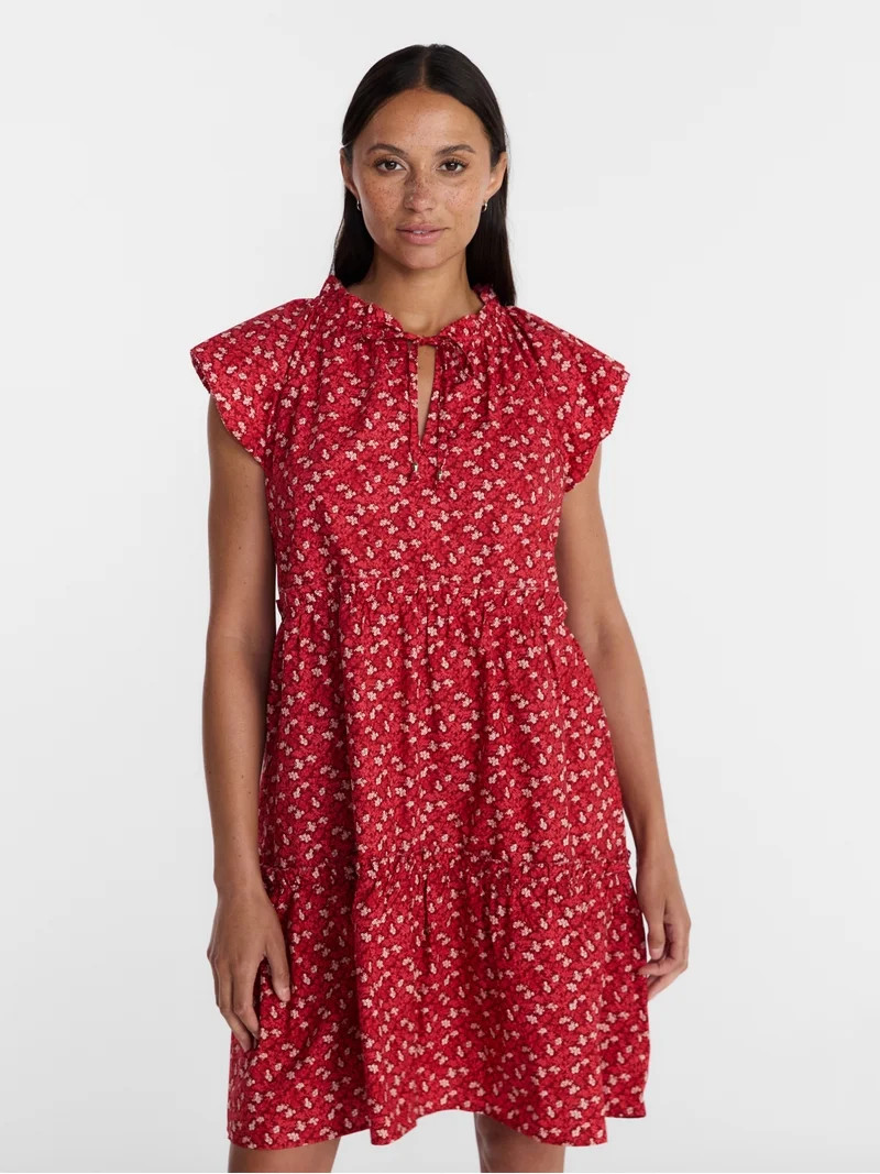 Time and Tru Women's and Women's Plus Tiered Cotton Mini Dress with Flutter Sleeves, Sizes XS-4X | Walmart (US)