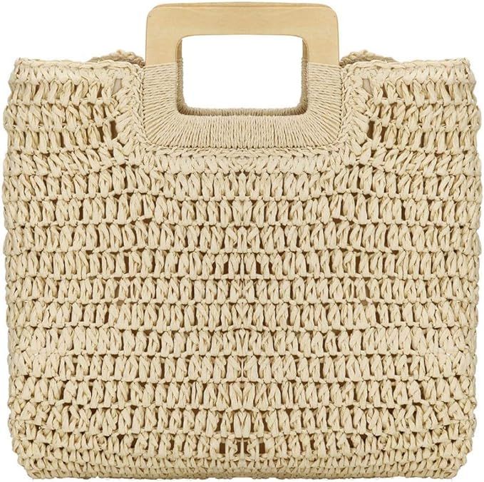Large Handwoven Straw Bag Travel Shopping Handbag Woven Straw Beach Bag for Women Girls (Beige) | Amazon (US)