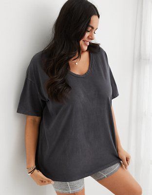 Aerie Distressed V-Neck Oversized Boyfriend T-Shirt | American Eagle Outfitters (US & CA)