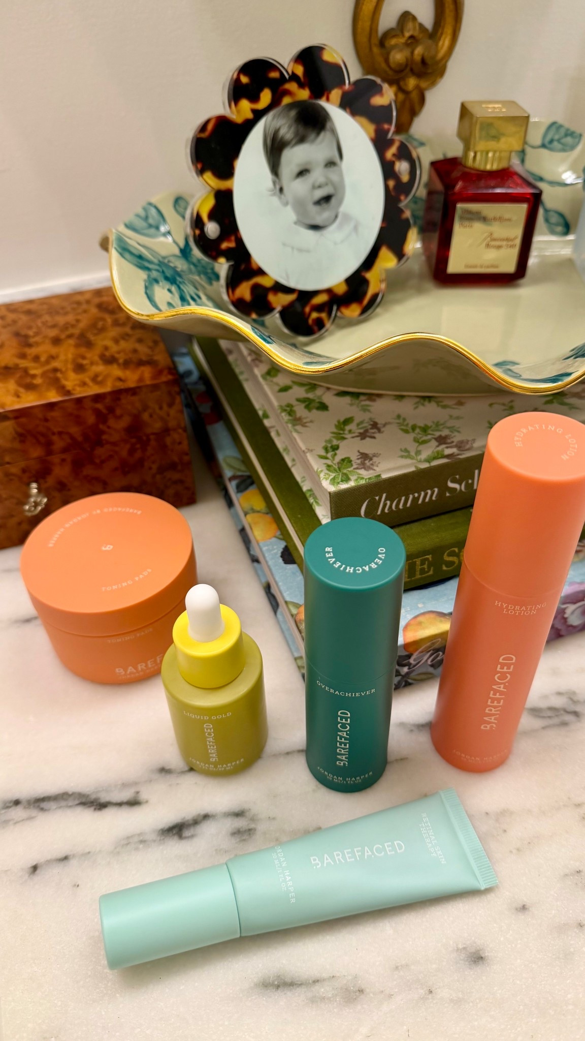 I have a story for this one so bear with me. If you know me, you know that I have been dealing with acne for over half my life now and have tried everything including accutane. I joked the other day wondering if I will still have acne when I’m in my 80s which I kind of doubt because it seems mine is largely hormonal, but I stopped taking my spironolactone for hormonal acne a few months ago to try and regulate and my face has been absolutely WHACK recently. 

I have followed Barefaced Jordan Harper for a long time and LOVE that a fellow nurse practitioner has such an intentional and educational business model, and I finally broke down and ordered the entire regimen a couple weeks ago (then a couple days after getting they started their 30% off sale and they so graciously price adjusted for me with a simple email A++ customer service so I ordered all the stuff I hadn’t gotten yet!! 

I’m still healing and purging but can already tell a remarkable difference and can’t wait to continue to see changes. I used to hate the idea of a long skin regimen so just tried to keep it super simple / I got super irritated with product changes but when I tell you that the ease of layering of these products is better than any “medical grade” I have ever used and have had NO irritation so far which I’ve NEVER been able to say with any vitamin Cs at least. 

AND they are so cute and match my bathroom!!!!!!! ☺️