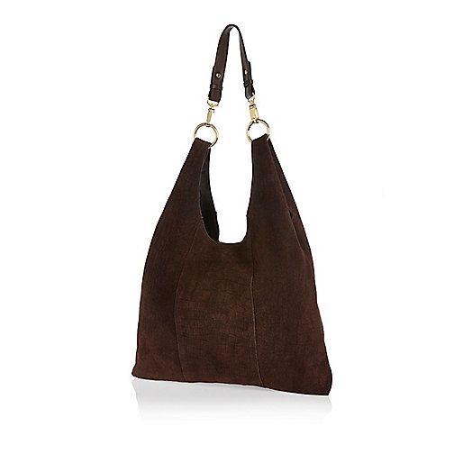 Dark brown suede slouchy triangle bag | River Island (US)