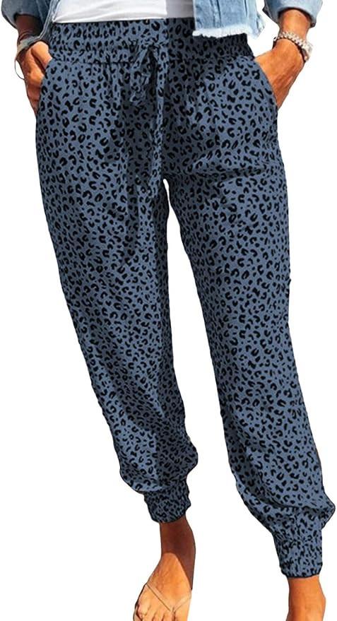 ROSKIKI Womens Leopard Drawstring Elastic Waist Sports Lounge Pants with Pockets | Amazon (US)