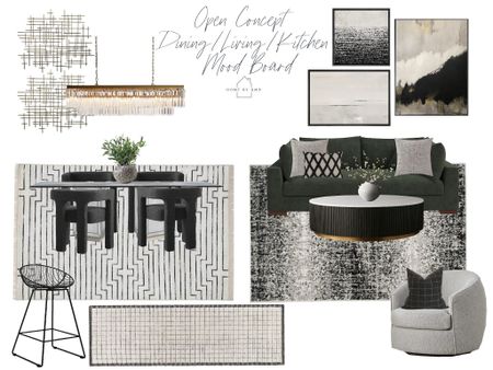 Glam open concept design board | glam dining room | glam living room | green couch | black and white decor 

#LTKhome