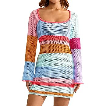 Fabumily Women Crochet Knit Mini Dress Long Sleeve Colorful Mesh Cover Ups Casual Sweater Dress 2... | Amazon (US)