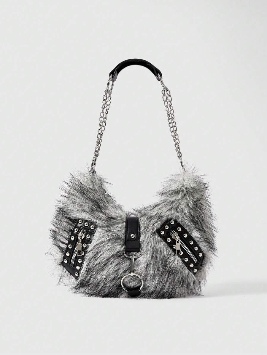 ROMWE Grunge Punk Ladies, Women Shoulder Bag,Hobo Bag,Faux Fur,Fuzz,Plush Bag,Rivet,Fashionable,P... | SHEIN