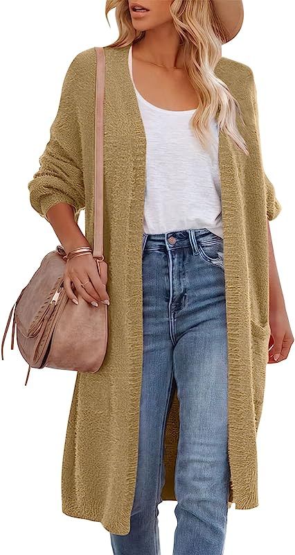 ANRABESS Women's Casual Long Sleeve Open Front Fuzzy Knit Cardigans Plush Sweater Coat with Pockets | Amazon (US)