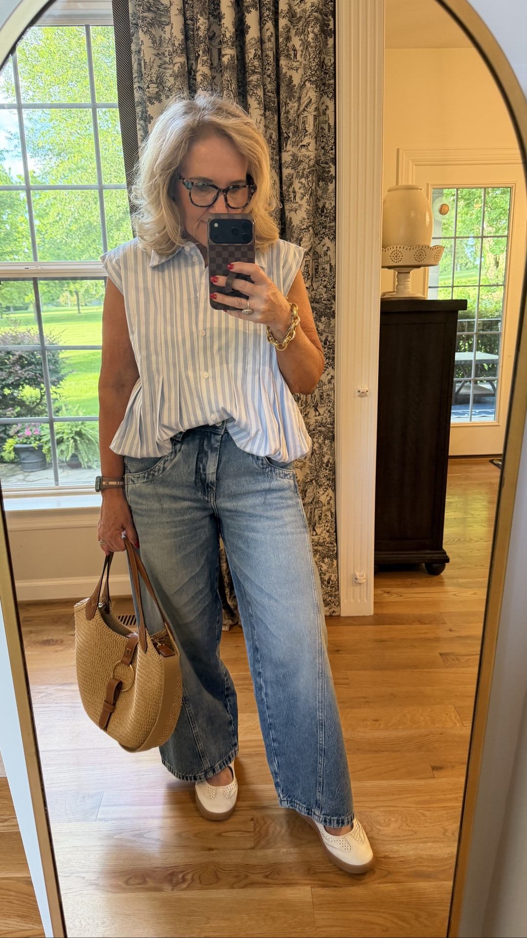 Jeans 29 petite but snug. You might consider sizing up 
Blouse size medium 
10% off my tote code NANETTE
Julie Vos sample sale prices 
Electric picks earrings

#LTKOver40 #LTKootd #LTKPetite