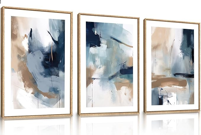 LHIUEM Large Abstract Navy Blue Framed Canvas Wall Art,Neutral Brush Stroke Wall Decor,Modern Pas... | Amazon (US)