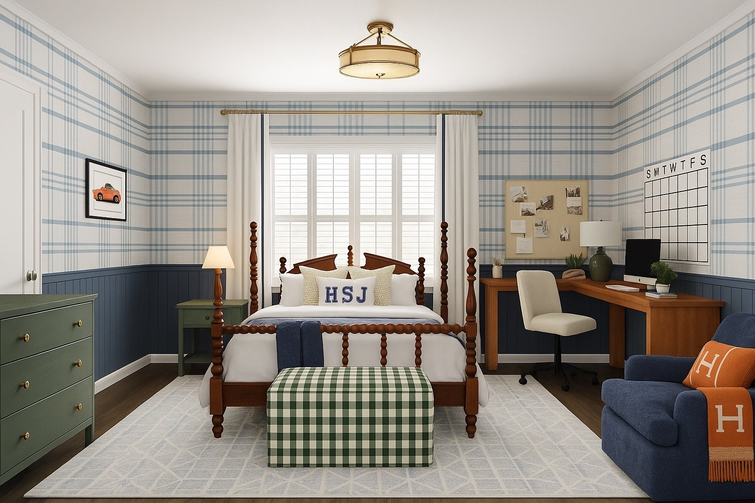 ✨ Classic Meets Cozy ✨
This boy’s bedroom design blends traditional charm with modern functionality. The blue plaid wallpaper paired with navy wainscoting sets the tone for a timeless space. The wooden four-poster bed anchors the room, styled with monogrammed pillows, layered bedding, and a soft blue area rug for comfort. A green checkered ottoman at the foot of the bed adds a fun pop of pattern, while the dark wood floors keep it grounded.

For function, I added an L-shaped wooden desk with a rolling cream office chair, perfect for homework or creative projects. A corkboard and wall calendar make the space organized, while the navy reading chair with a cozy throw blanket creates the ideal spot to relax.

I’ve linked all of my favorite kids bedroom furniture, plaid wallpaper finds, area rugs, study desks, and more so you can easily recreate this look at home. 🤍

#LTKhome #LTKfamily #LTKinterior #LTKkids #plaidwallpaper #fourposterbed #greenottoman #kidsroomdecor #studyspace #cozybedroom #porcheandco

#LTKFamily #LTKKids #LTKHome