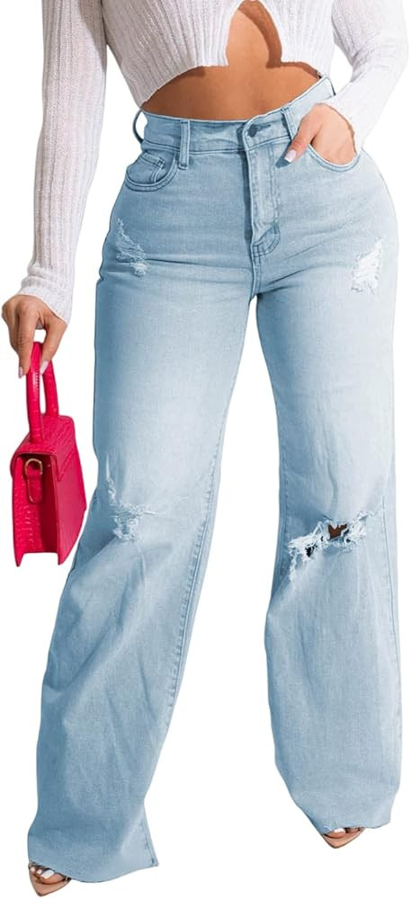 Casual Women's Ripped Wide Leg Jeans Distressed Baggy Denim Pants Light Blue M | Amazon (US)