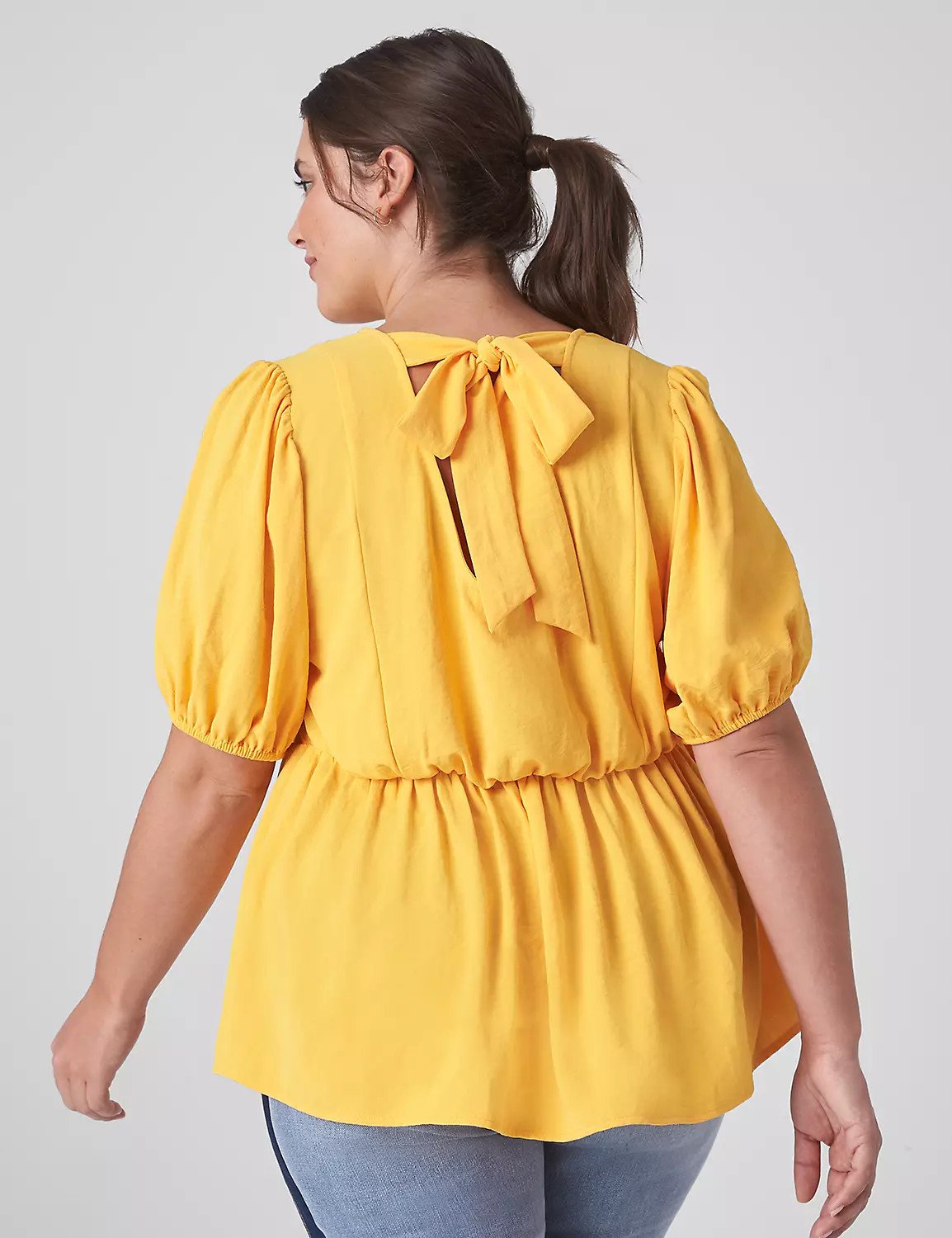 Classic Puff-Sleeve Tie-Back Peplum Blouse | LaneBryant | Lane Bryant (US)