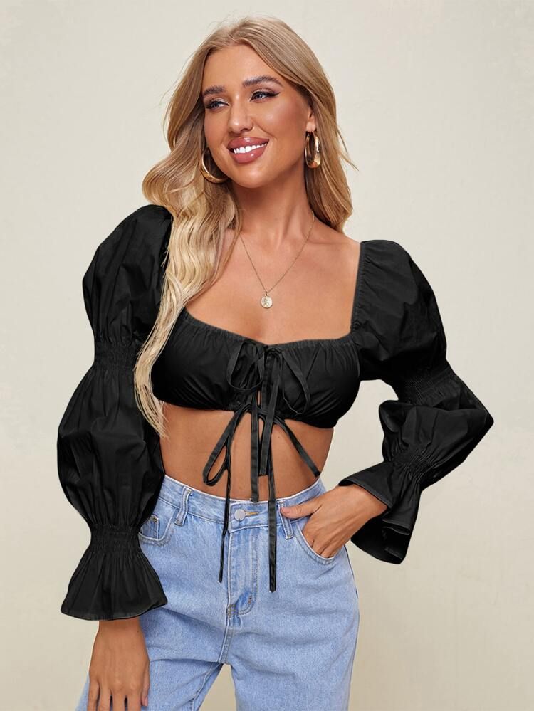 SHEIN Gathered Sleeve Tie Front Crop Top | SHEIN