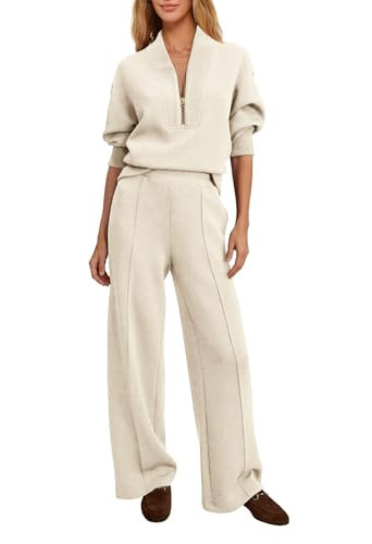 Yanekop Womens Sweatsuits 2 Piece Outfit Two Piece Lounge Set Matching Sweat Sets Half Zip Pullover and Wide Leg Pants(Beige,XL) | Amazon (US)