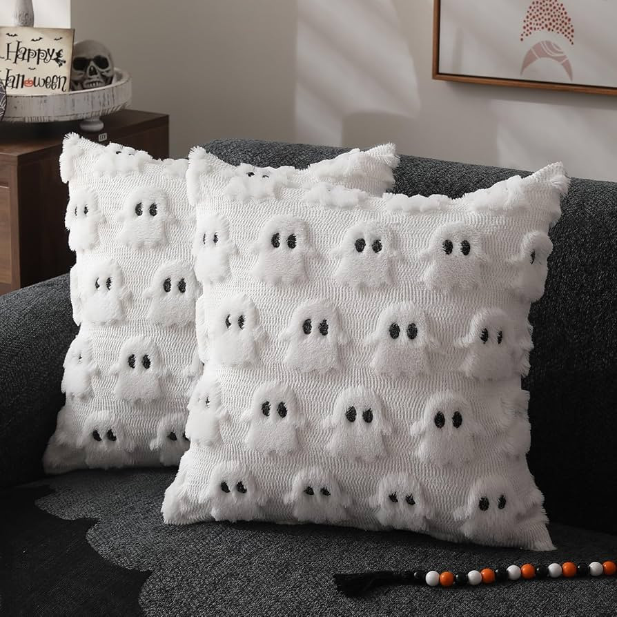 DFXSZ Halloween Pillow Covers 18x18 inch Set of 2 White Ghost Throw Pillow Cases Soft Plush Faux ... | Amazon (US)