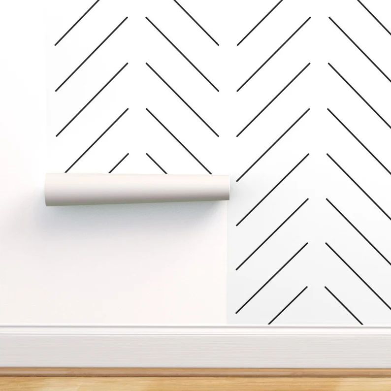 Herringbone Wallpaper - Simple Diagonal Lines by taraput - Black White Chevron Zig Zag Neutral Mu... | Etsy (US)