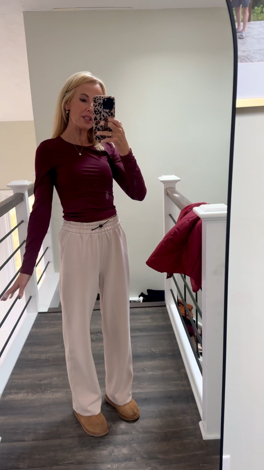 Puffer vest? My favorite oversized puffer in this wine color is marked down from $46 to $32 right now on #Amazon. Also, these comfy khaki sweats, #uggs and fitted long sleeved layering top. #ootd #puffervest 

#LTKSaleAlert #LTKActive #LTKootd