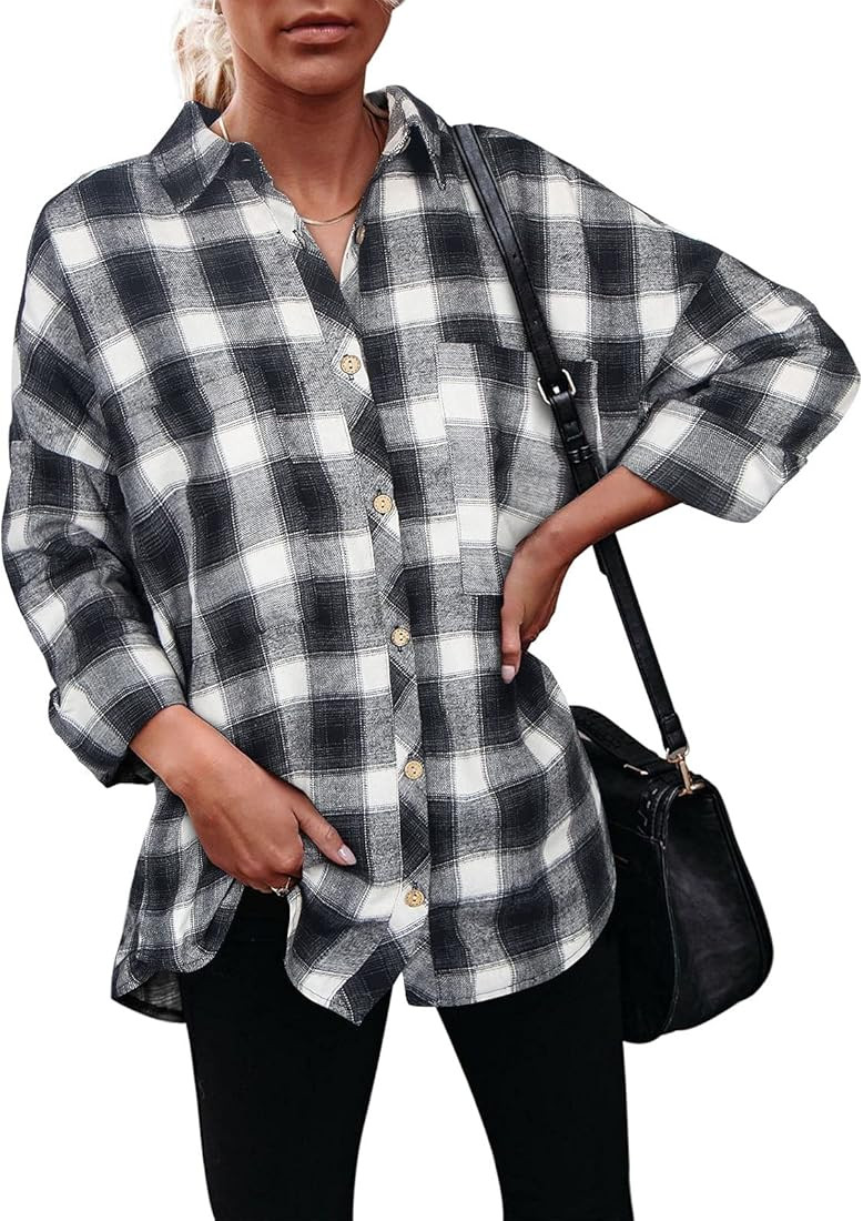 PINKMARCO Oversized Flannel Shirts for Women Plaid Shirt Plus Size Button Down Casual Long Sleeve Bl | Amazon (US)