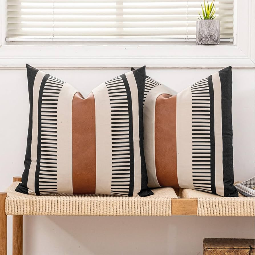 Farmhouse Striped Pillow Cover 18x18 Boho Accent Cushion Case Faux Leather Decorative Pillowcase,... | Amazon (US)