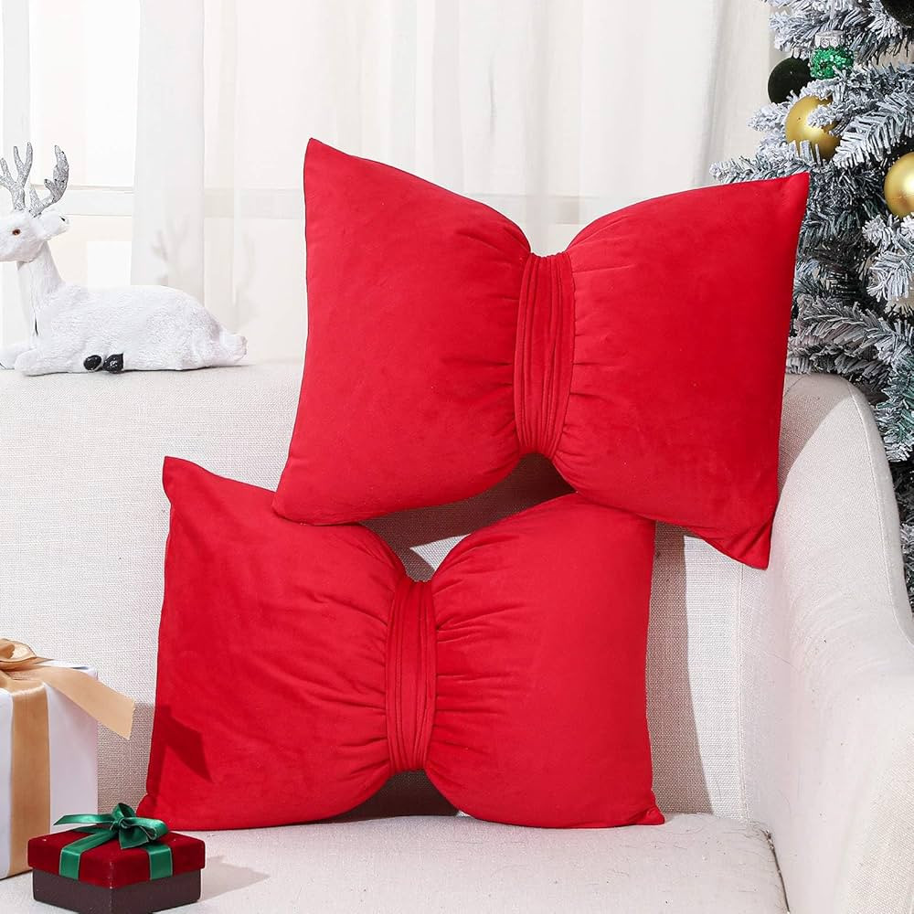 Mixweer 2 Pcs Christmas Velvet Bow Pillow Covers 14 x 20 Inch Xmas Throw Pillow Cases Lumbar Pill... | Amazon (US)