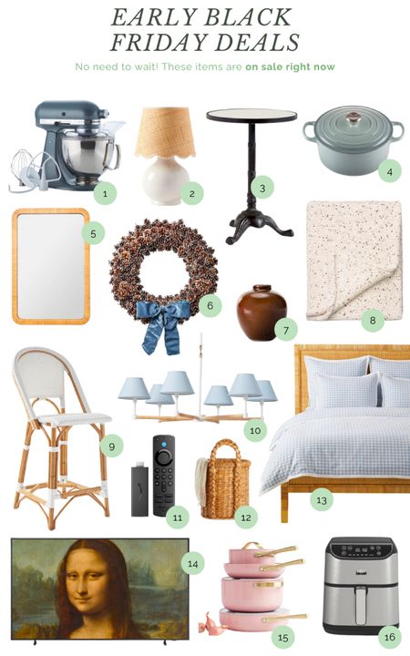 Early Black Friday deals. Home decor on sale now. Small appliances, table lamps, cocktail table, mirror, counter stool, bedding, throws, lighting, Le Creuset, basket 

#LTKhome #LTKHolidaySale